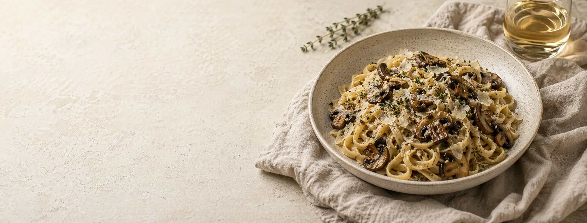Editorial food photograph for the DoEat homepage hero, with quiet left-side copy space, a warm pasta bowl anchored to the right, and a subtle wine glass in the upper corner.